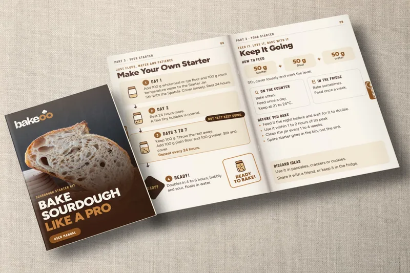 Front and back covers of the Bakeoo manual: Bake sourdough like a pro